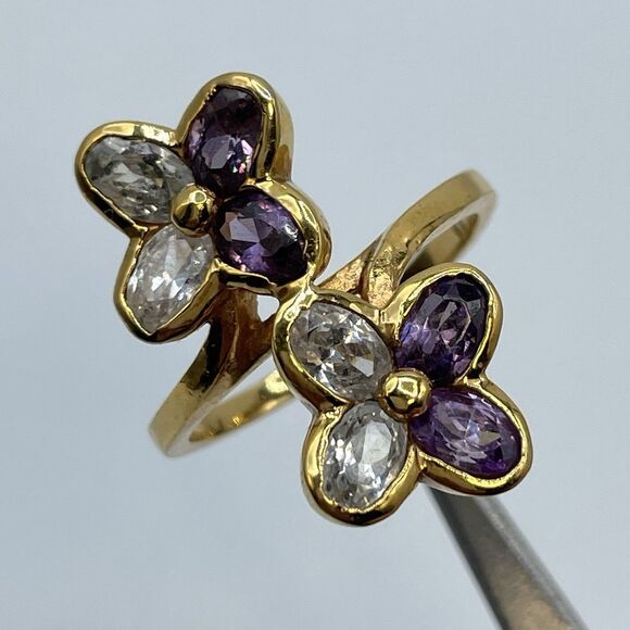 Flower Purple White Rhinestone Gold Tone Ring Band Sz 11 Statement Cocktail Boho - Picture 2 of 6